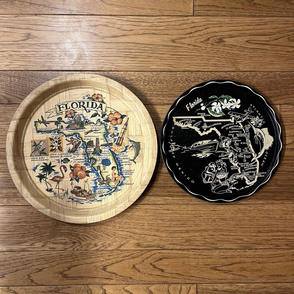 Vintage Lot Of 2 Florida State Souvenir Trays Bamboo & Metal Burger